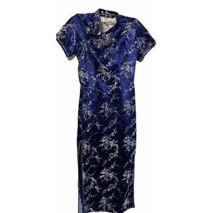 VTG 90s Red Leaf Kimono Long Rayon Dress Mandarin Collar Cheongsam Qipao  38 Y2k